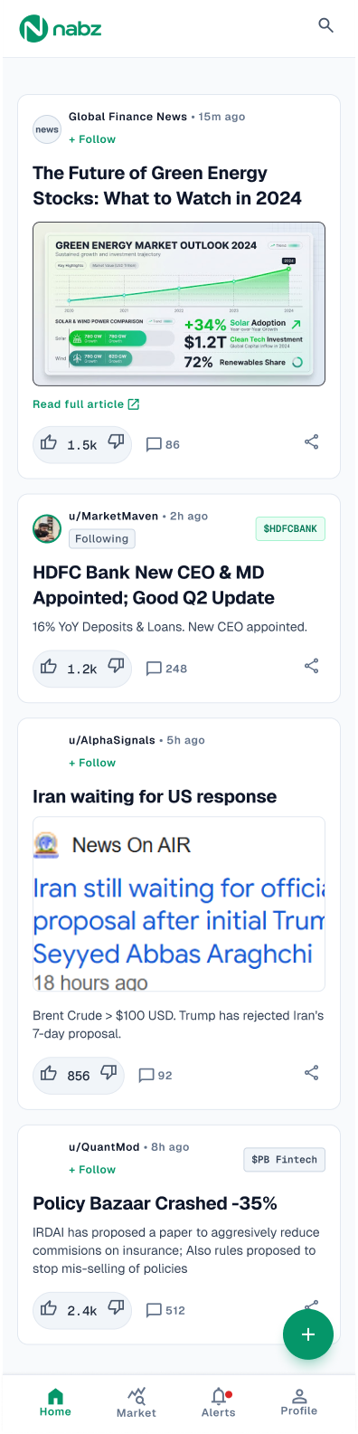 Nabz app feed with investor discussions and stock market news